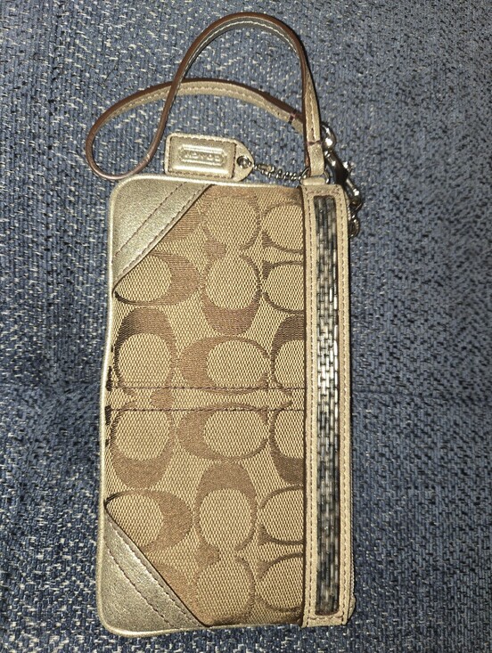 Coach Handbags - Coach Brown/Tan Signature Wristlet with Metallic Trim